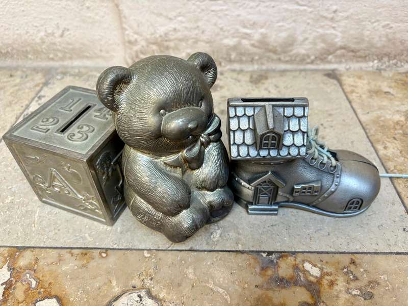 Vintage child toy metal money box lot of 3 ornament