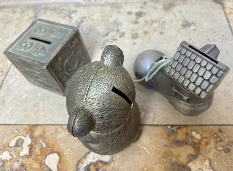 Vintage child toy metal money box lot of 3 ornament
