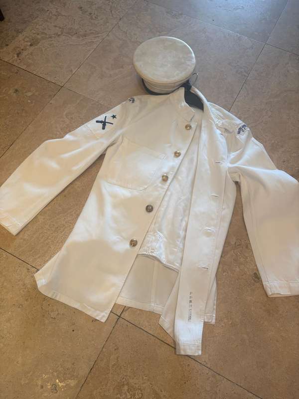 Vintage original SA Navy white uniform with buttons 1972 , navy prop hat