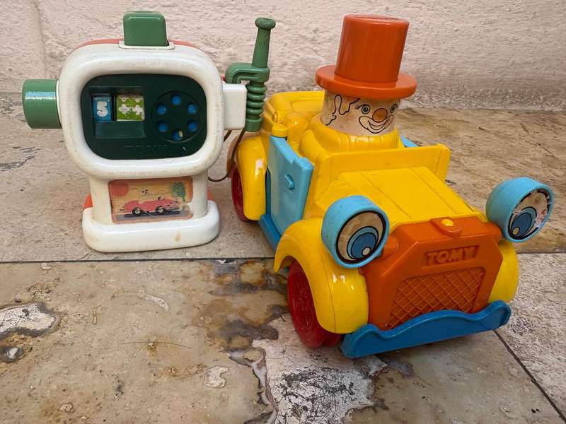 Vintage Tomy push and go car + ring a ding fuel pump 1985