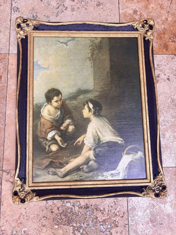 Vintage Esteban Murillo painting print in ornate wood frame  dice players