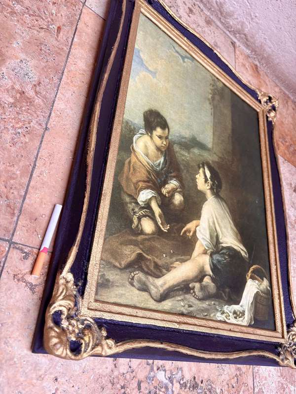 Vintage Esteban Murillo painting print in ornate wood frame  dice players
