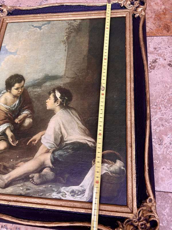 Vintage Esteban Murillo painting print in ornate wood frame  dice players
