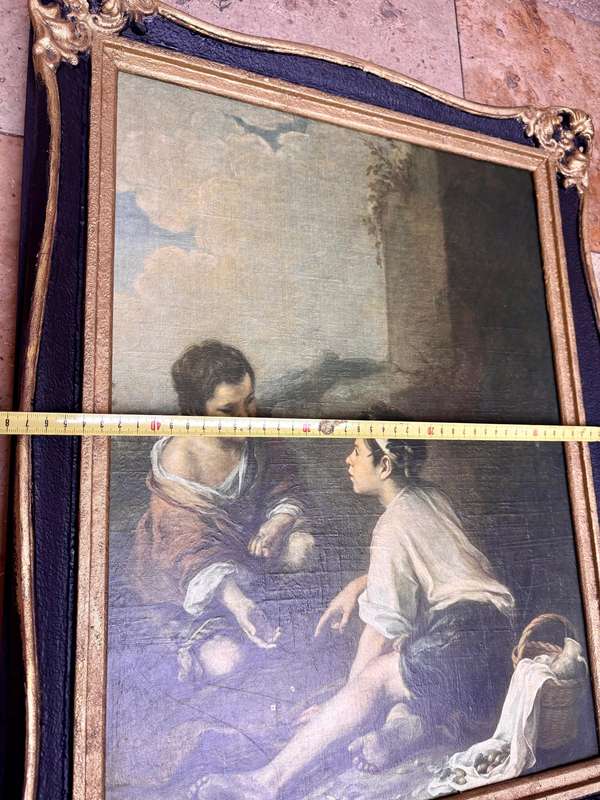 Vintage Esteban Murillo painting print in ornate wood frame  dice players