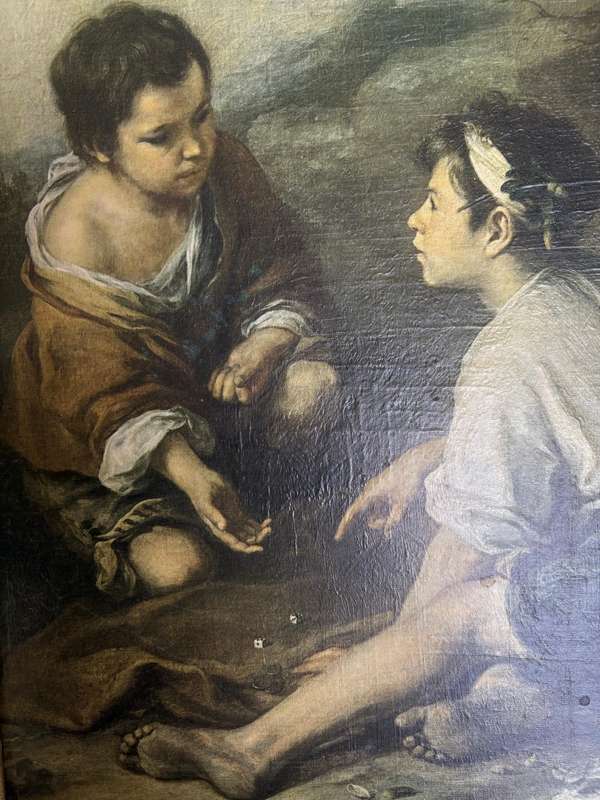 Vintage Esteban Murillo painting print in ornate wood frame  dice players