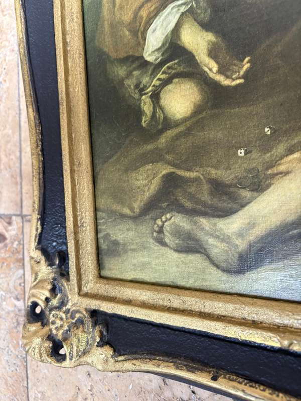 Vintage Esteban Murillo painting print in ornate wood frame  dice players