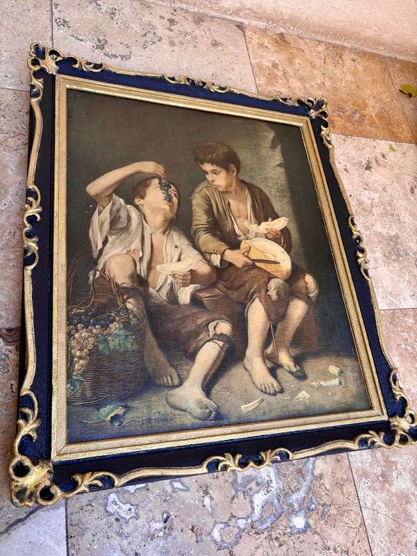 Vintage Esteban Murillo painting print in ornate wood frame Children eating grapes and a melon
