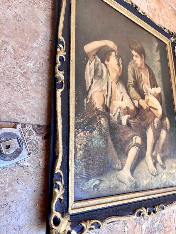 Vintage Esteban Murillo painting print in ornate wood frame Children eating grapes and a melon