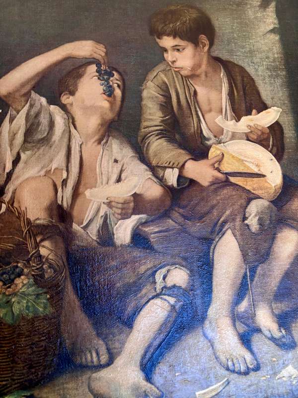 Vintage Esteban Murillo painting print in ornate wood frame Children eating grapes and a melon