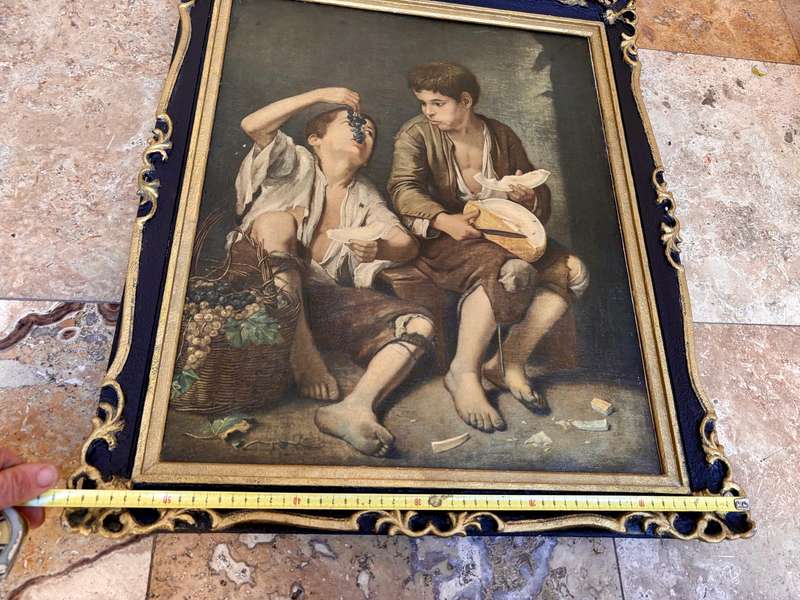 Vintage Esteban Murillo painting print in ornate wood frame Children eating grapes and a melon