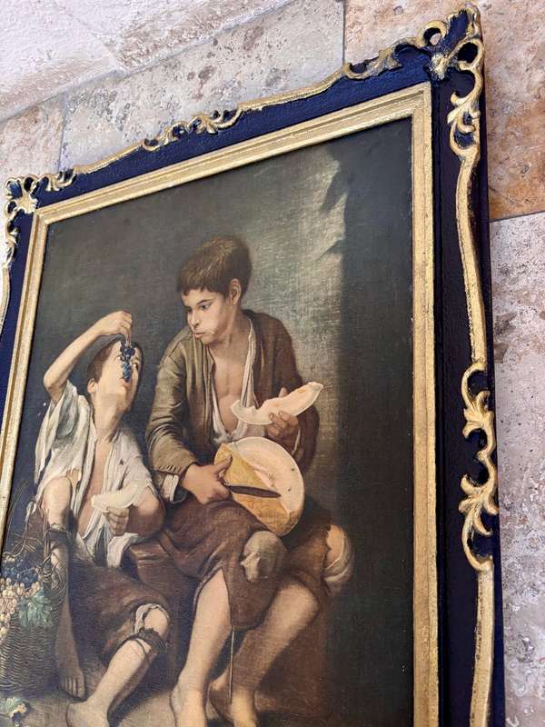 Vintage Esteban Murillo painting print in ornate wood frame Children eating grapes and a melon
