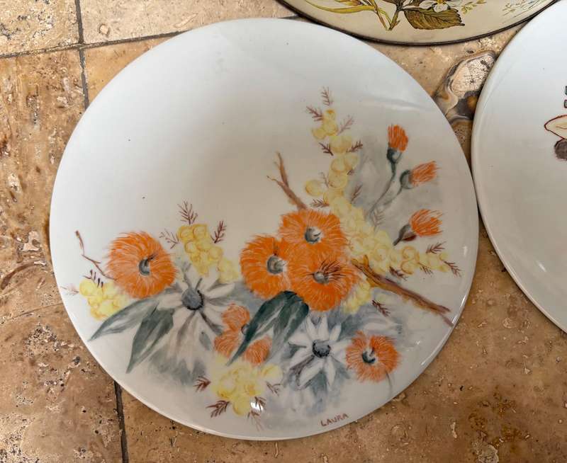 Vintage flat ceramic cake plate pair Egypt and floral in cake tin
