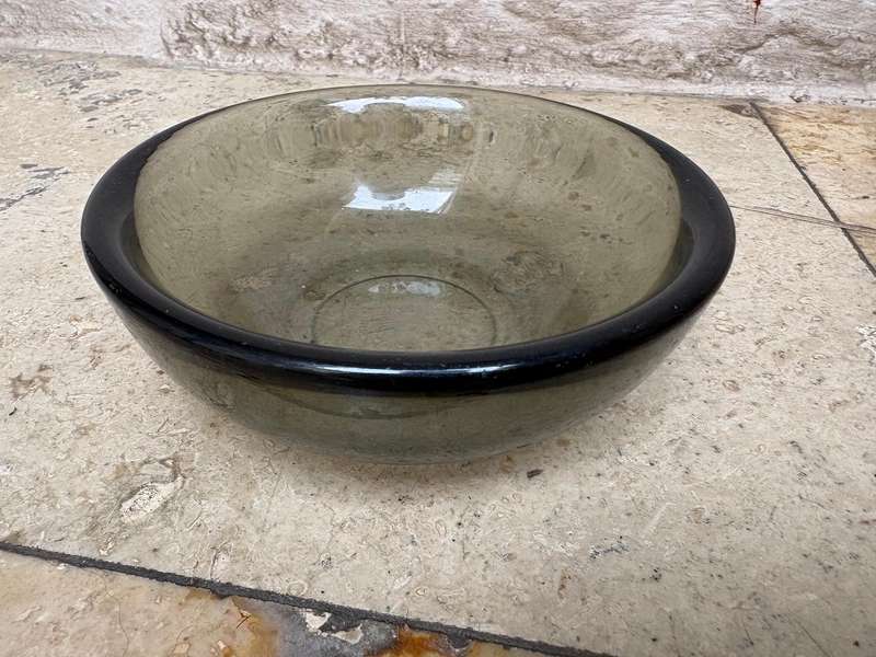 Vintage Fuga Orrefors bowl smoky charcoal clear heavy glass Sweden signed