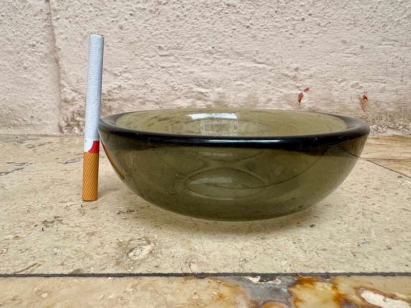Vintage Fuga Orrefors bowl smoky charcoal clear heavy glass Sweden signed