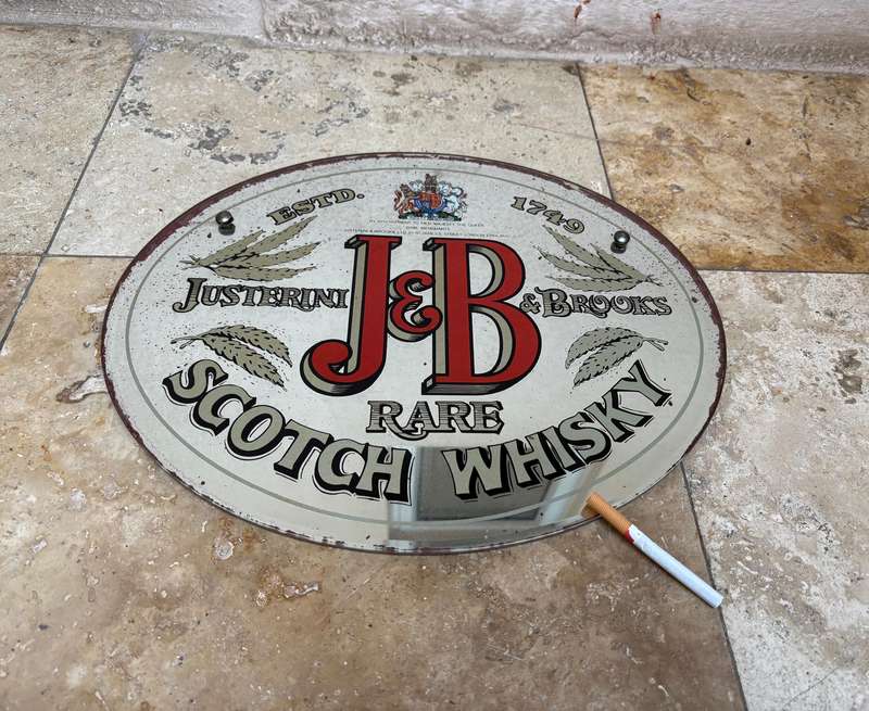 Vintage J + B glass  mirror advertising sign glomized