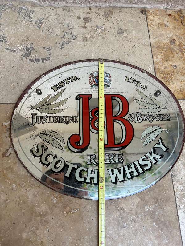 Vintage J + B glass  mirror advertising sign glomized