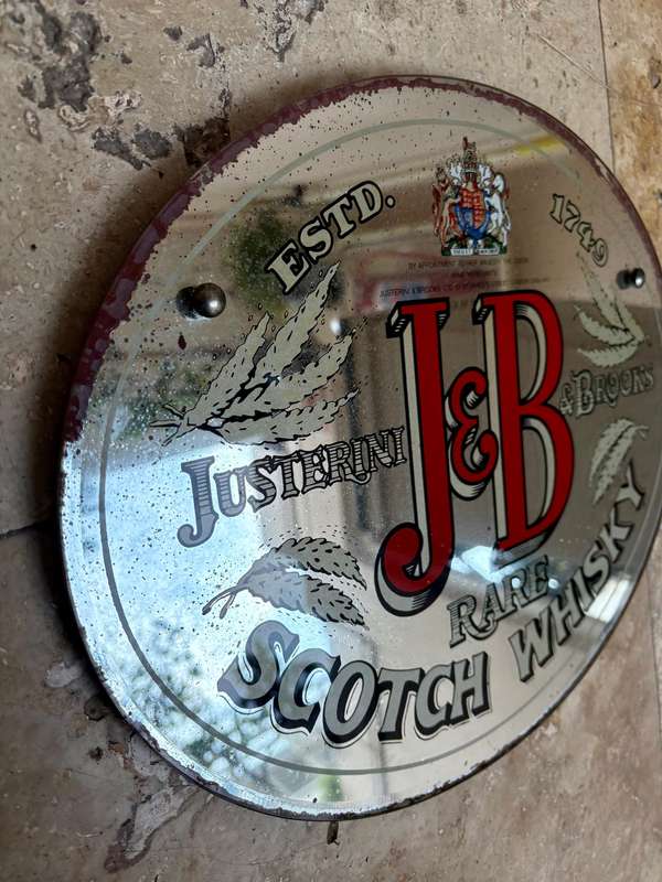 Vintage J + B glass  mirror advertising sign glomized