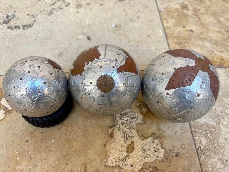 3 decorative ball orb spheres hammered metallic copper detail