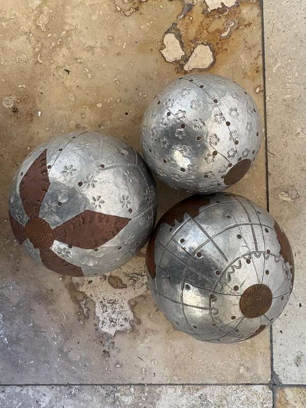 3 decorative ball orb spheres hammered metallic copper detail