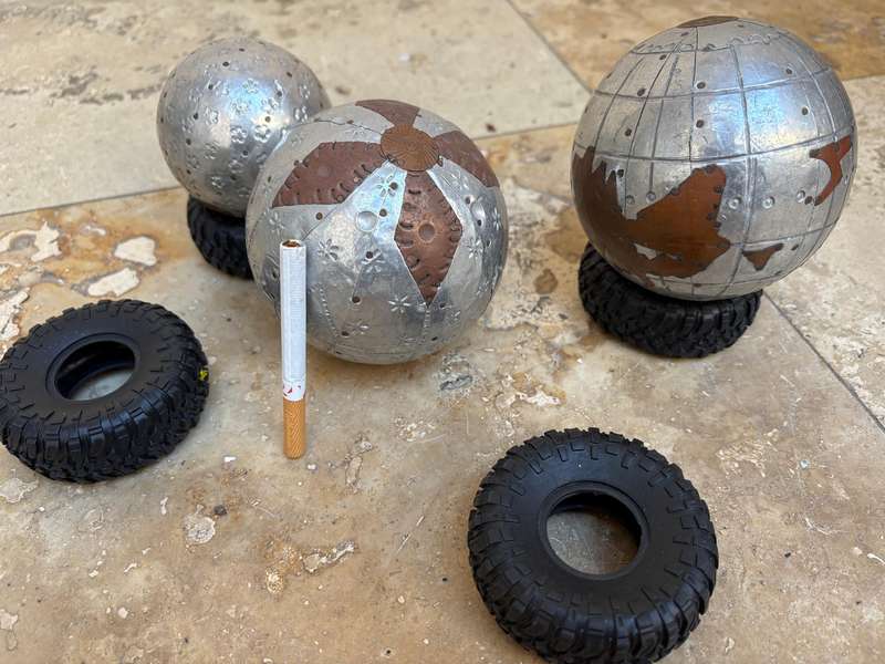 3 decorative ball orb spheres hammered metallic copper detail