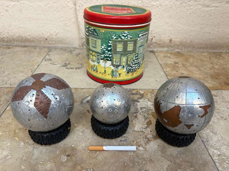 3 decorative ball orb spheres hammered metallic copper detail