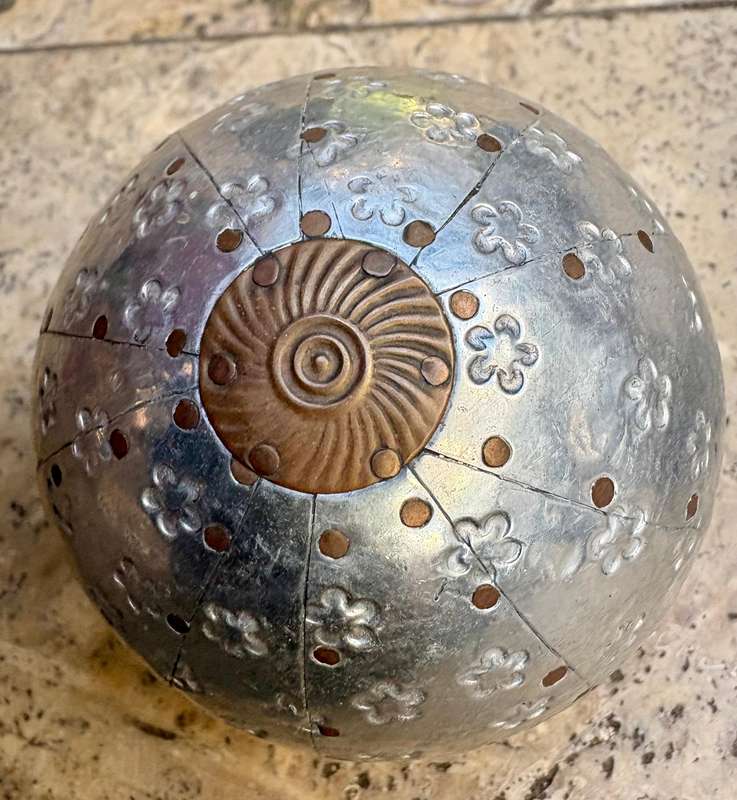 3 decorative ball orb spheres hammered metallic copper detail