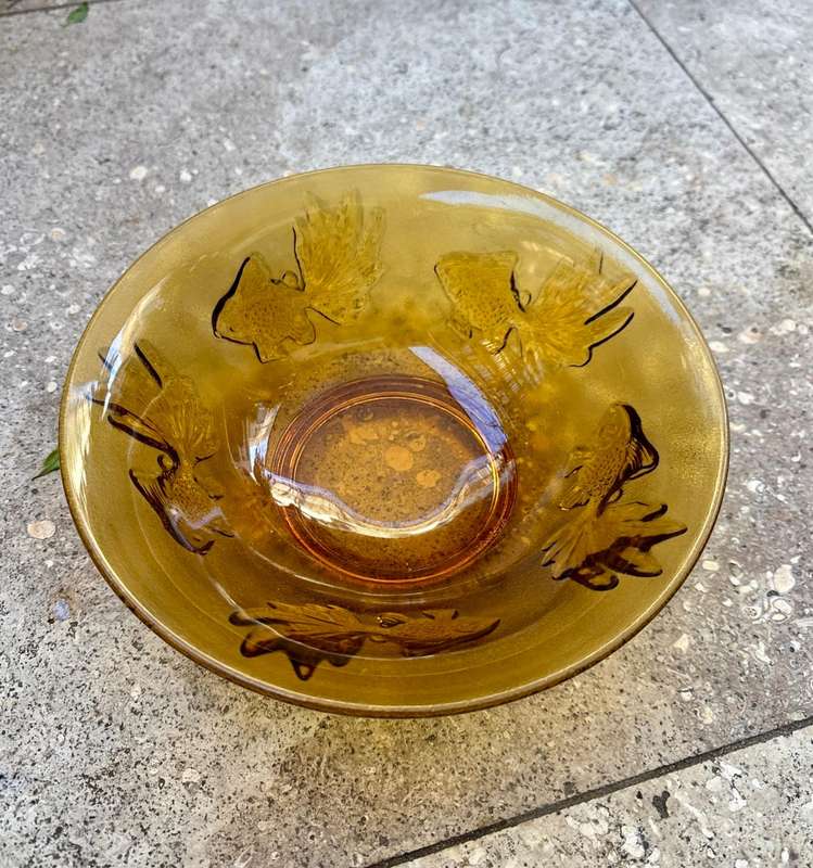 Vintage Pasari Indonesian Amber Glass Goldfish Koi Bowl Pair of 2