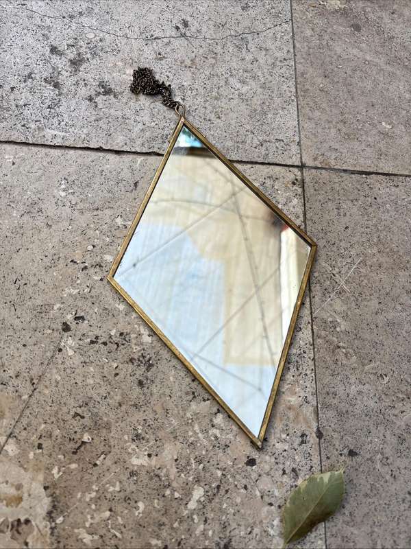 Vintage retro brass frame diamond shape mirror with velvet backing