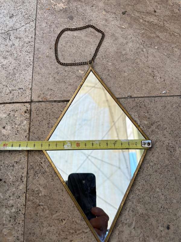 Vintage retro brass frame diamond shape mirror with velvet backing