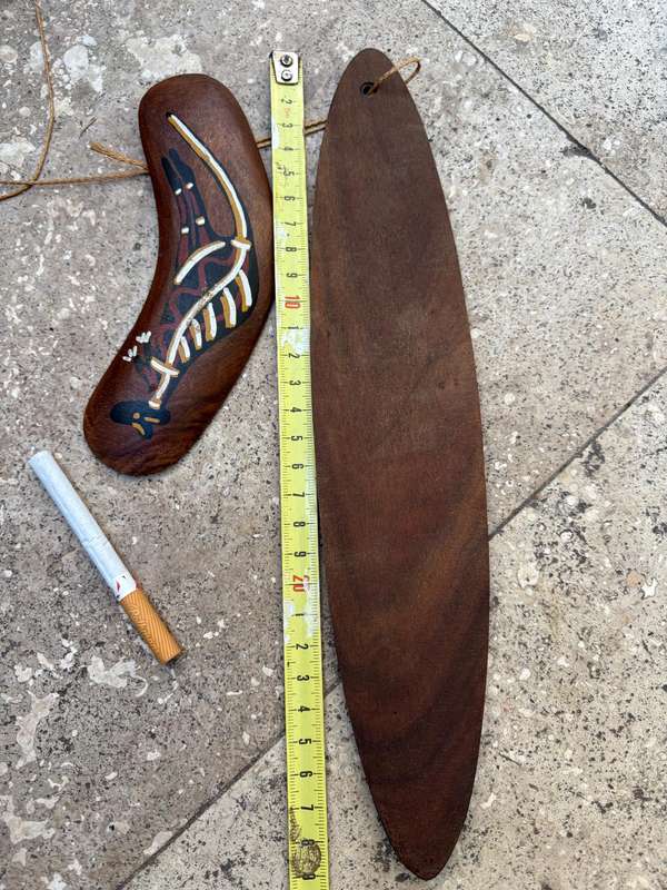 Vintage traditional hunting boomerang and bullroarer traditional aboriginal pair