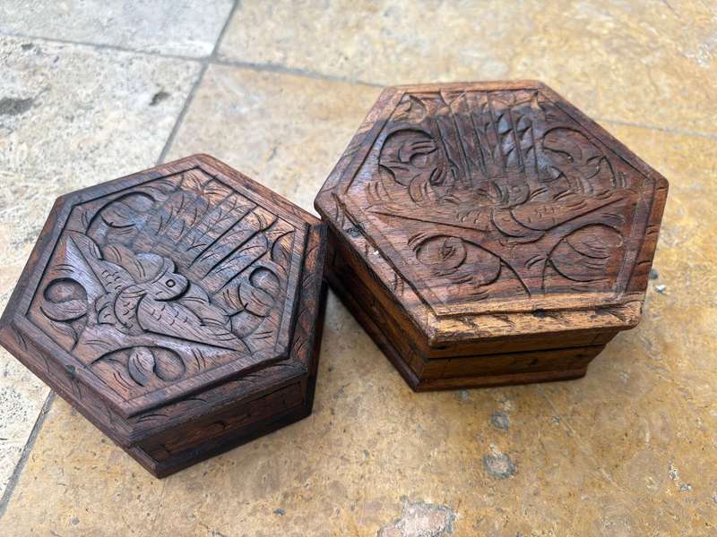 Vintage hexagonal wood trinket box pair hand carved with peacock bird detail  , India