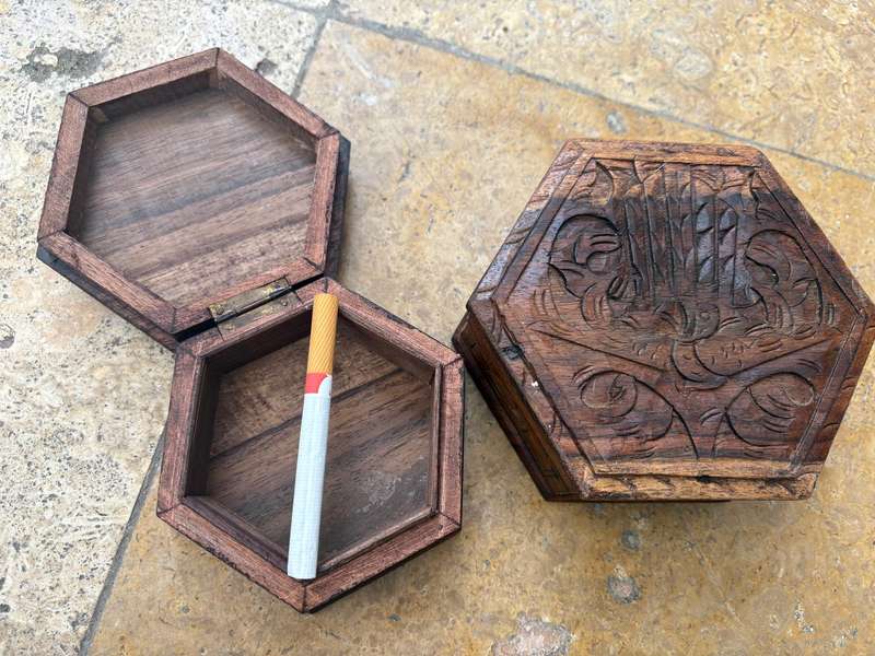 Vintage hexagonal wood trinket box pair hand carved with peacock bird detail  , India