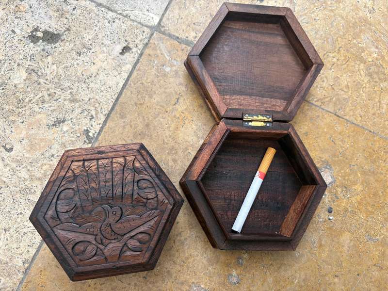 Vintage hexagonal wood trinket box pair hand carved with peacock bird detail  , India