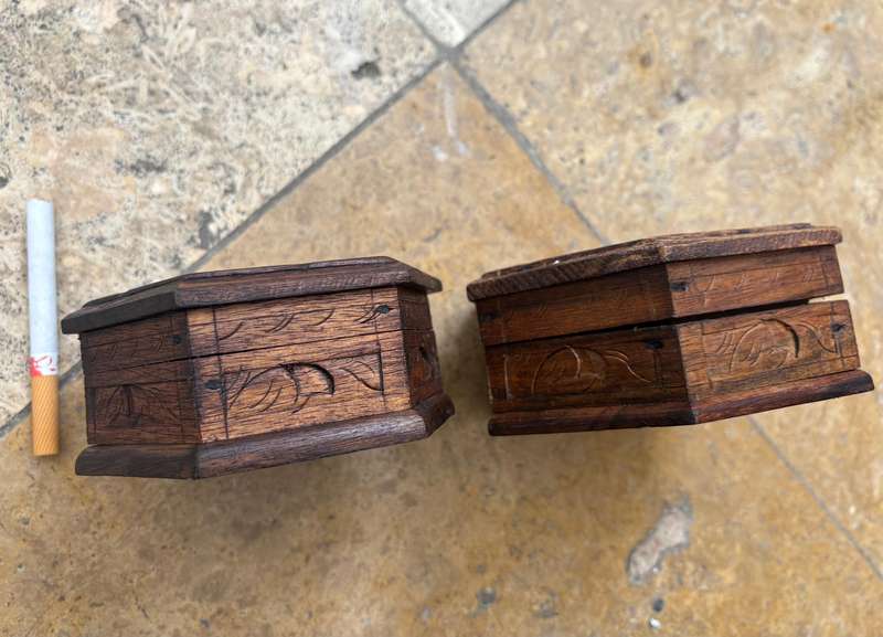 Vintage hexagonal wood trinket box pair hand carved with peacock bird detail  , India