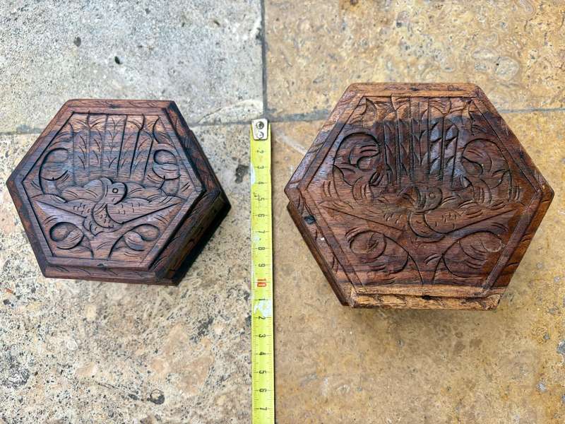 Vintage hexagonal wood trinket box pair hand carved with peacock bird detail  , India