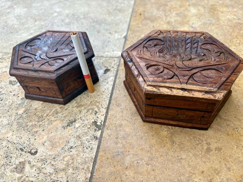 Vintage hexagonal wood trinket box pair hand carved with peacock bird detail  , India