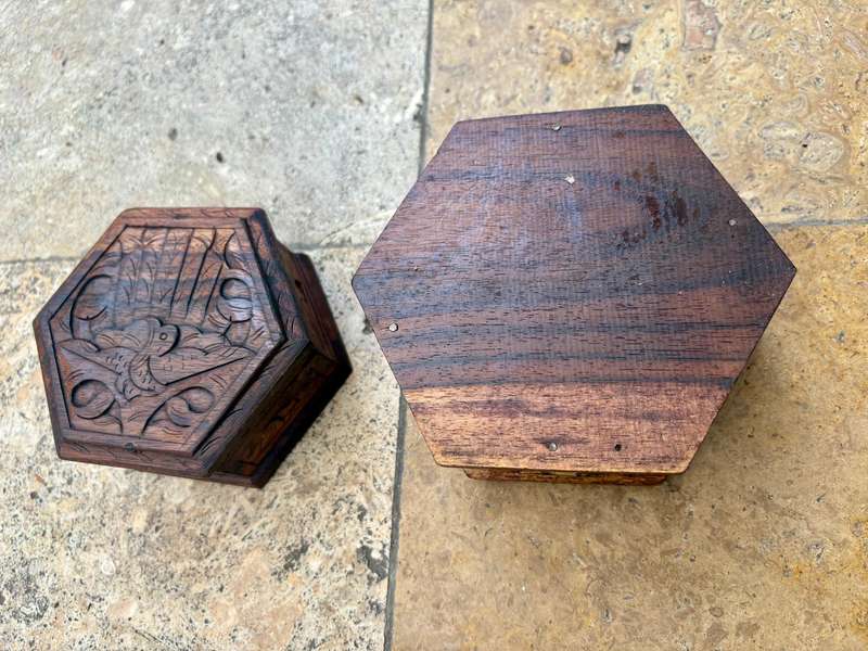 Vintage hexagonal wood trinket box pair hand carved with peacock bird detail  , India
