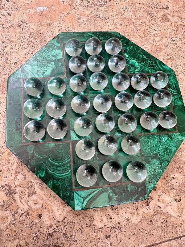 Vintage Malachite stone solitaire game board with glass clear marbles