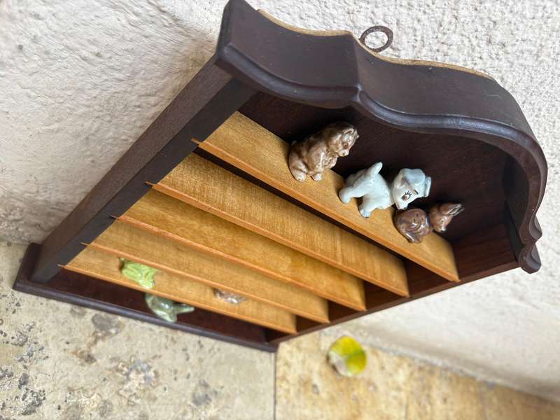 Vintage trinket wood display shelf wooden curio thimble display shelf with 6 wade whimsies
