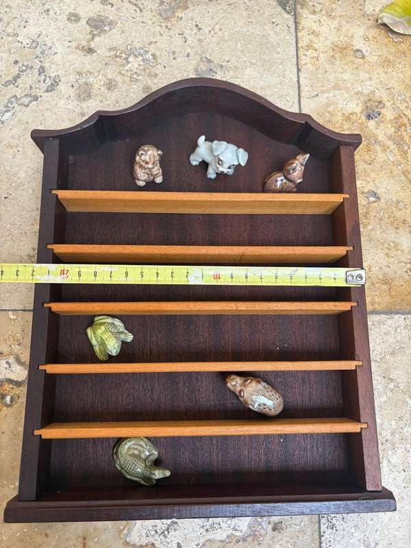 Vintage trinket wood display shelf wooden curio thimble display shelf with 6 wade whimsies