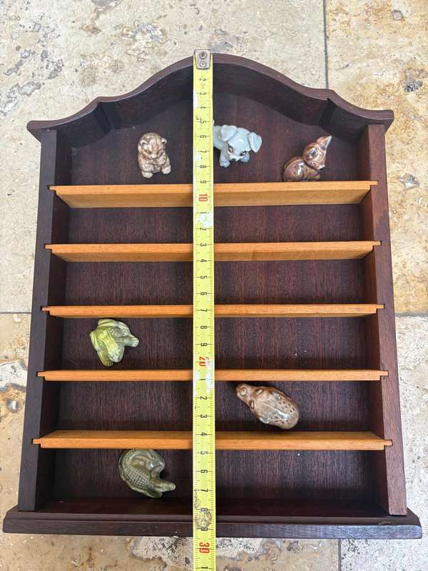 Vintage trinket wood display shelf wooden curio thimble display shelf with 6 wade whimsies