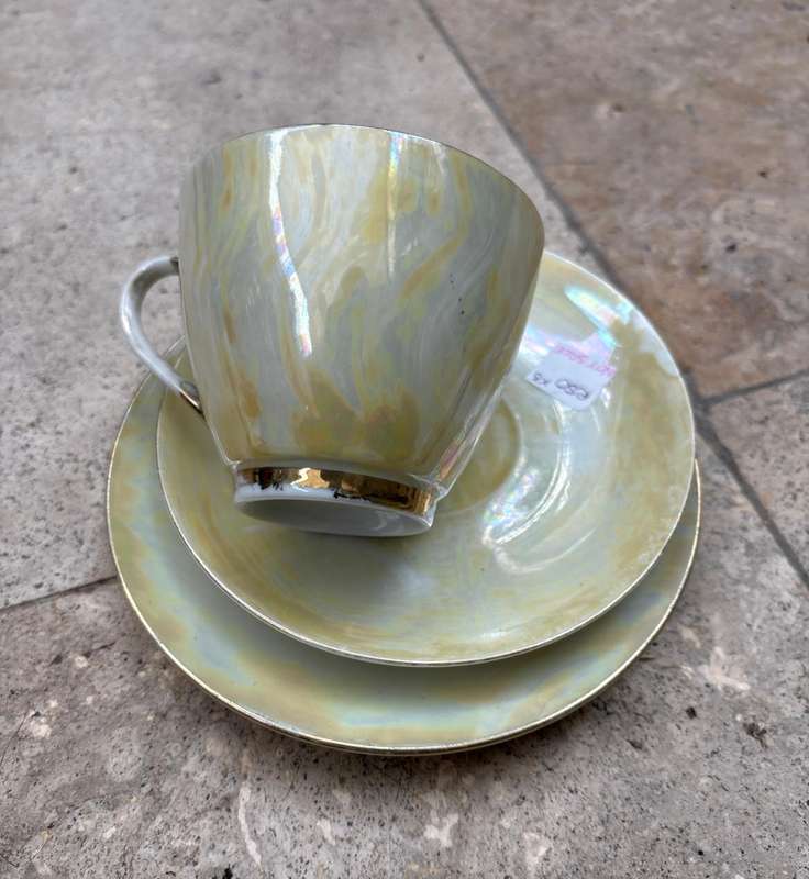 Antique Pearlescent teacup and saucer trio pair of 2 by Princess ware