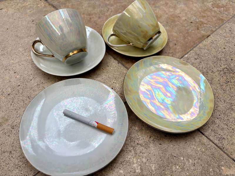 Antique Pearlescent teacup and saucer trio pair of 2 by Princess ware