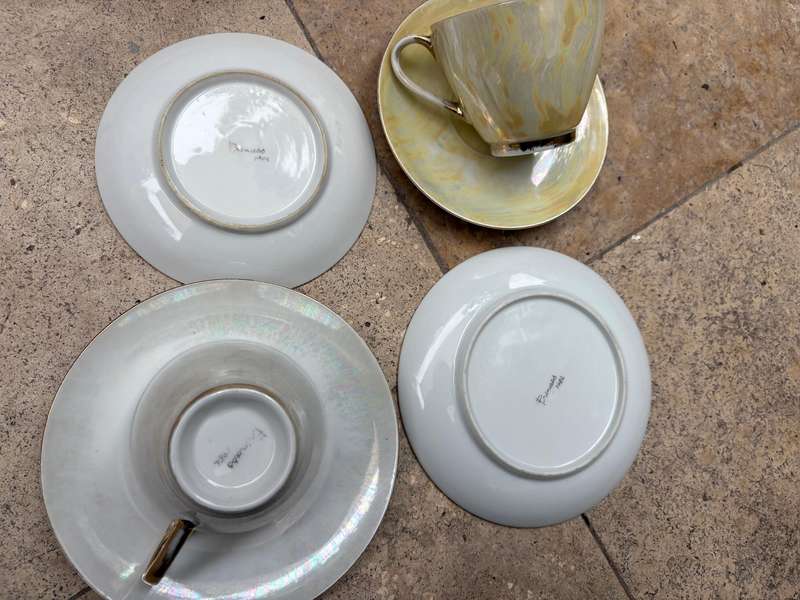 Antique Pearlescent teacup and saucer trio pair of 2 by Princess ware