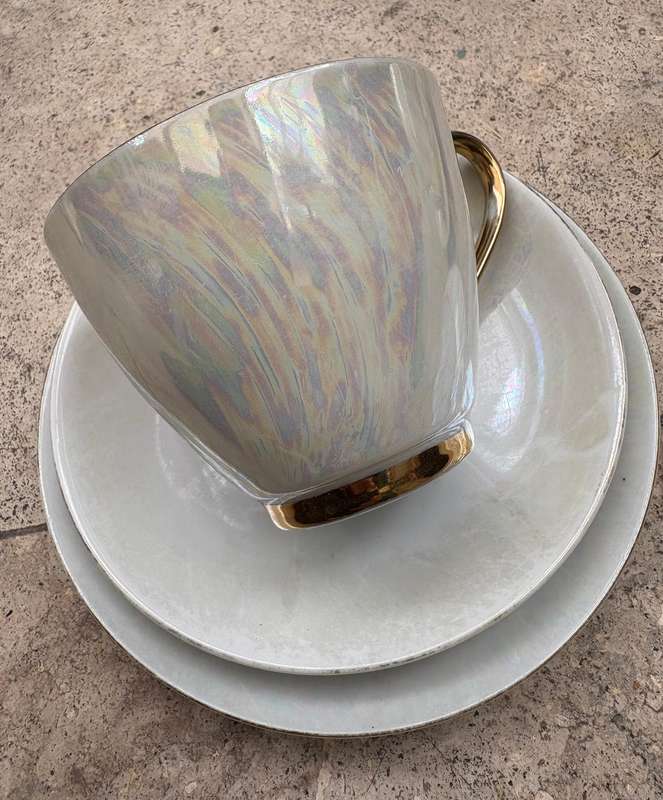 Antique Pearlescent teacup and saucer trio pair of 2 by Princess ware
