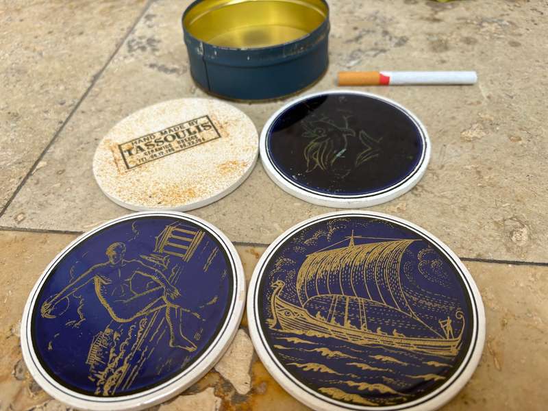 Vintage Tassoulis Greek ceramic porcelain hand made coaster set of 4