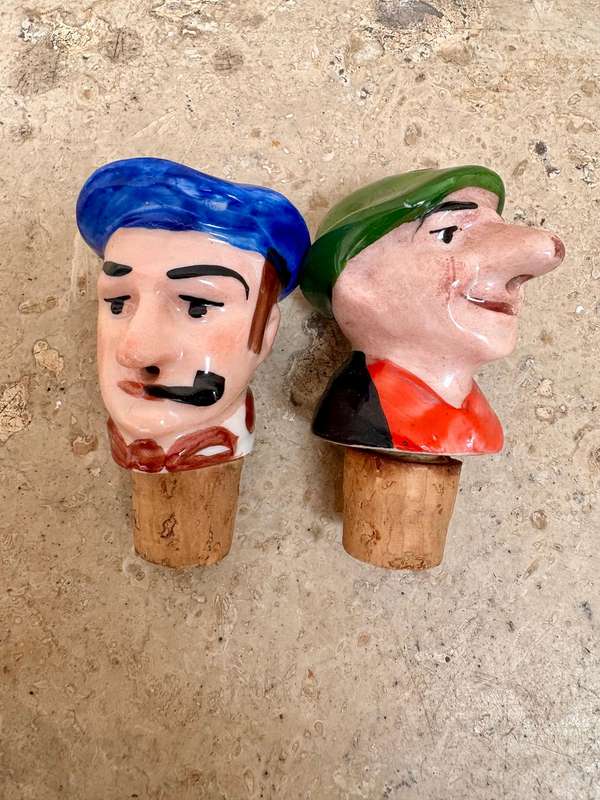 Vintage German Porcelain Cork Figural Bottle Stopper/ Pourer Pair of 2