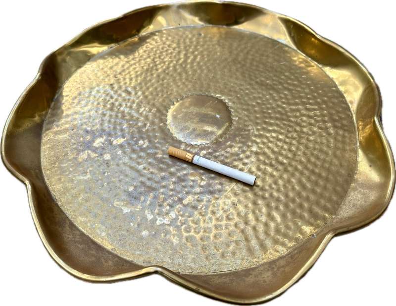 Vintage scalloped brass round tray , hammered 35 cm