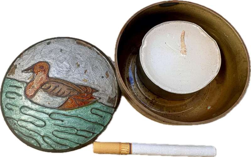 Vintage round brass trinket box etched duck on lid enamel paint