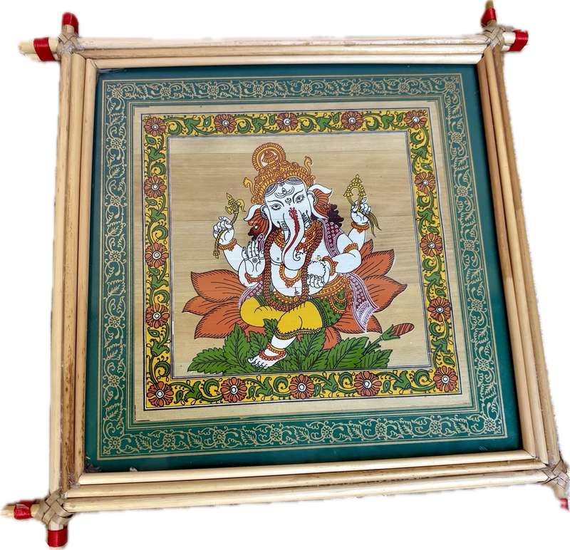 Lord Ganesha palm leaf painting in reed frame handmade